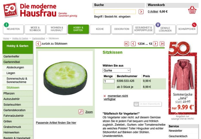 "Sitzfleisch für Vegetarier" verspricht dieses Sitzkissen. Zum Reinbeißen lustig!