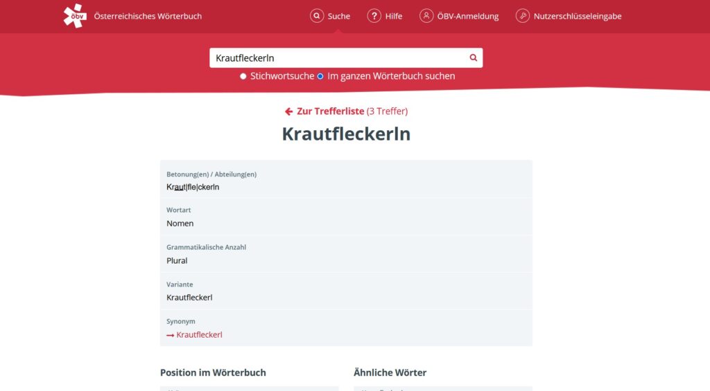 Spartanisch: die Such- und Anzeigenmaske der Online-Variante des Österreichischen Wörterbuchs ÖBW.